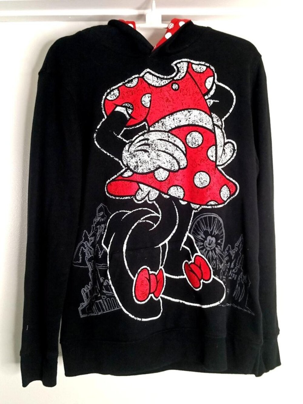 Disney Parks Minnie Mouse Hoodie Black Red Polka Dot Ears With Bow Sz Small